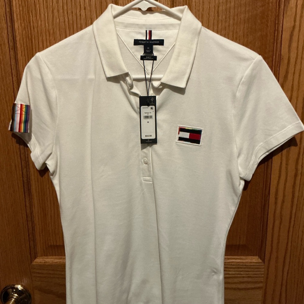 Tommy Hilfiger White Polo with Flag Patch and Rainbow Sleeve Detail